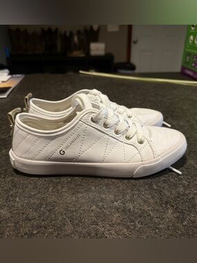 G by Guess Los Angeles White Quilted Leather Sneakers with Gold Heel Tab